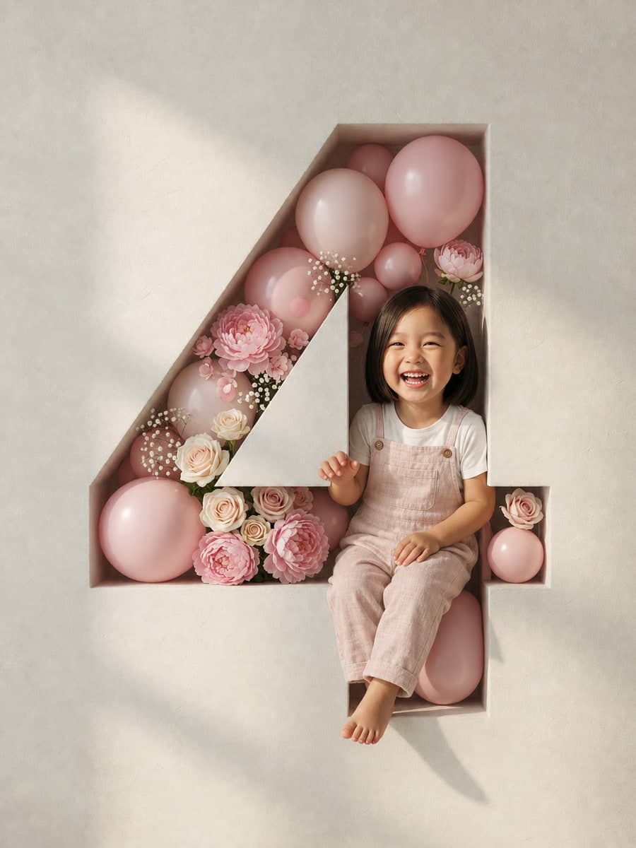 Birthday poster artwork of a four-year-old in the Sunshine theme