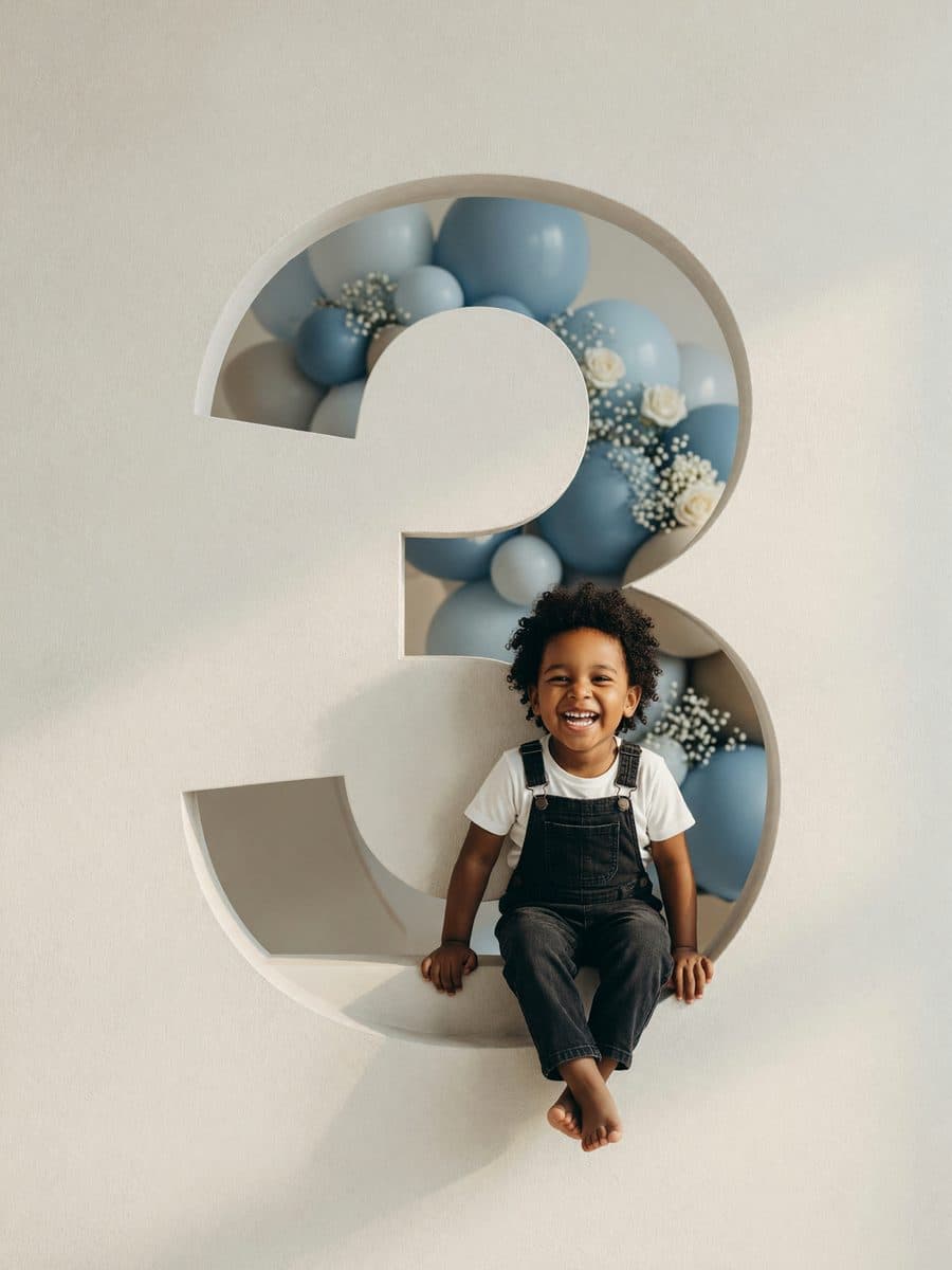Birthday poster artwork of a three-year-old in the Wonder theme
